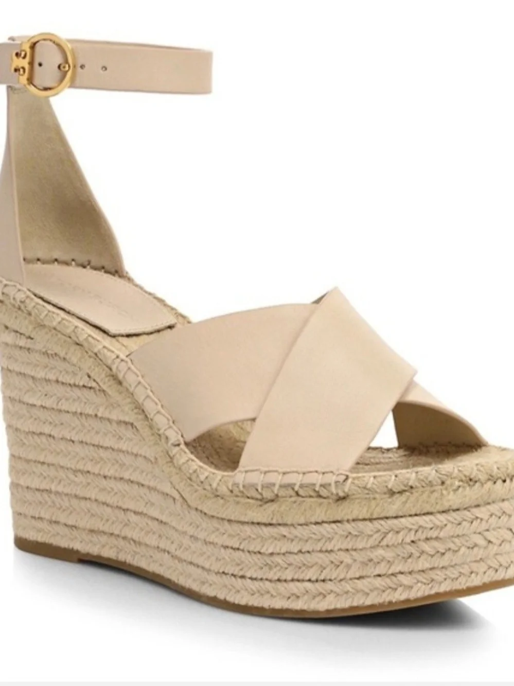 Tory Burch Selby Tan Leather Espadrille Ankle-Strap Wedge Sandals. Size 10